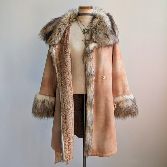 Vintage Brown Vegan Suede Penny Lane Jacket Y2K Tan Faux Fur Afghan Coat Small - Picture 3 of 10